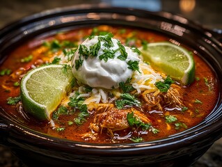 Delicious chicken tortilla soup topped with sour cream, cheese, cilantro and lime in a brown ceramic bowl.