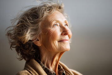 elderly woman gazes upwards with serene expression her face illuminated by warm light of sun