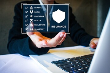 Insurance protection concept showing coverage for finance, family, education, health, real estate, and transport. Ideal for financial security, business services, and policy promotion.