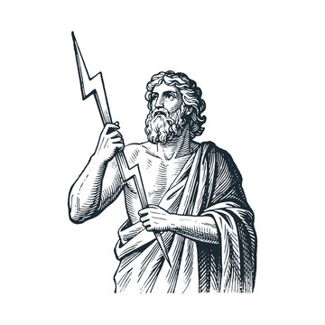 Zeus with lightning bolt. Black white hand drawn vector illustration.