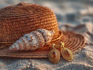 Woven sun hat rests on sandy beach near decorative sea and ornate gold ears in warm sunlight.