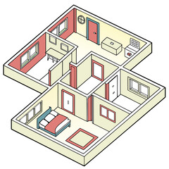 Isometric Floor Plan of a Three-Room Apartment Layout