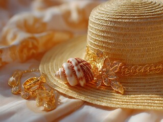 A straw hat adorned with a sea and golden butterfly rests elegantly on soft, shimme peach fabric.