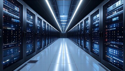 A perspective shot of a long server room hallway filled with glowing blue server racks, illuminated by bright overhead lights. The floor is tiled