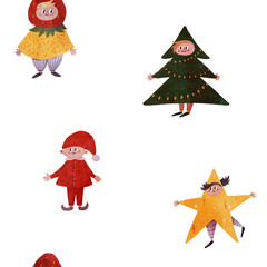 Fototapeta premium Cute seamless pattern with kids in costumes: strawberry, Christmas tree, elf, and star. Watercolor children's illustration style. Ideal for nursery decor, fabric, wrapping paper, or holiday cards