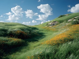 Green hillside covered in tall grass and wildflowers stretches beneath a bright blue sky filled with clouds.