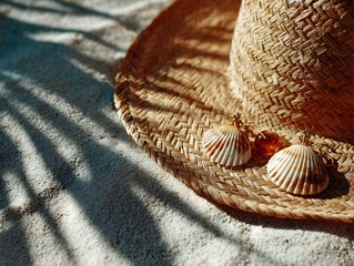 Woven sun hat adorned with seas rests on the sandy beach under the dd shade of palm fronds.