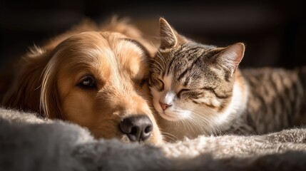 loyal. Golden retriever puppy nuzzling tabby kitten, capturing heartwarming animal friendship. wildlife magazines, conservation campaigns, designed for nature documentaries and education.