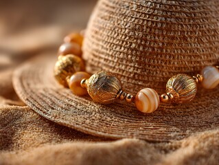 Golden beaded necklace adorns a straw sun hat led in the soft sand creating a beach vacation scene.
