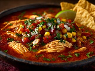 Delicious and appetizing chicken tortilla soup served in a bowl with lime and crispy tortilla chips.