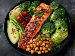 Delicious grilled salmon fillet with avocado, broccoli, chickpeas, and cherry tomatoes presented beautifully.