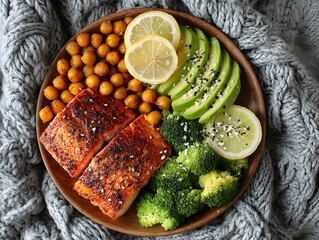 Overhead view displays grilled salmon with chickpeas, avocado, broccoli, and lemon on a wooden plate.