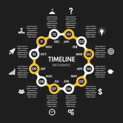 12 months or steps round diagram, whole year life plan or repeated cycle timeline, yellow and white vector infographic on black background