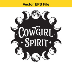Cowgirl spirit text with moon phases illustration isolated on white background