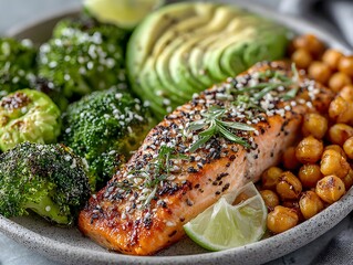 Delicious grilled salmon with roasted chickpeas, broccoli florets, and fresh avocado slices served on plate.