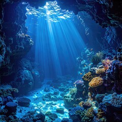 Naklejka premium Sunbeams pierce underwater coral cave