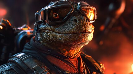 Fototapeta premium A vibrant digital illustration featuring an anthropomorphic lizard as a starship pilot.