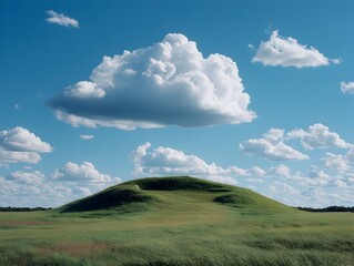A grassy knoll rises gently beneath a brilliant blue sky dotted with fluffy white cumulus clouds on a summer day.