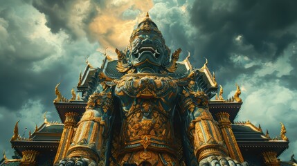 Fototapeta premium Majestic Guardian Statue Beneath Dramatic Cloudy Sky in Thailand