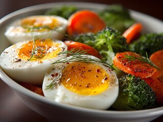 A healthy bowl of sliced hard boiled eggs, carrots, and broccoli seasoned with pepper and fresh dill.