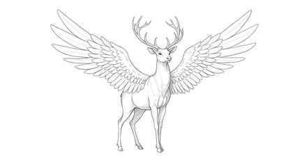 Fototapeta premium Winged deer line drawing in black and white