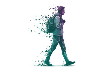 Naklejka premium A young man in a hoodie and backpack walking and dissolving into purple and teal fragments.