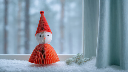whimsical paper snowman wearing bright red hat stands proudly against picturesque winter landscape through window