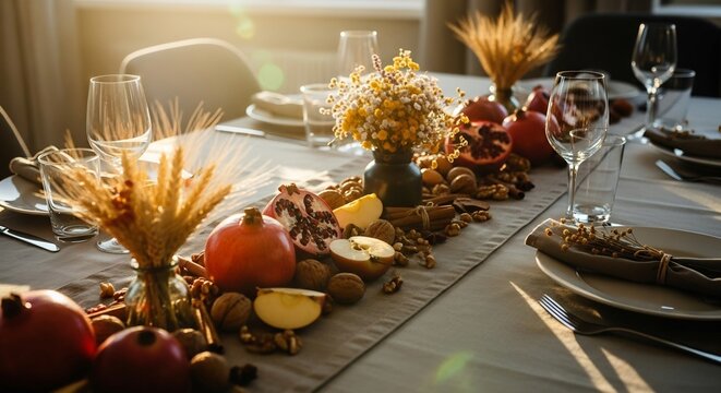 Festive Thanksgiving tablescape. Elegant autumnal arrangement with pomegranates, walnuts, wheat. Perfect for harvest celebrations, fall decor, seasonal marketing, dining events.