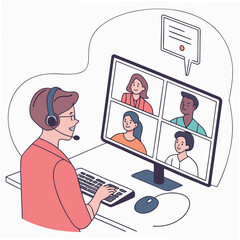Person Leading A Group Video Call On Computer Keywords: video call, online meeting, group
