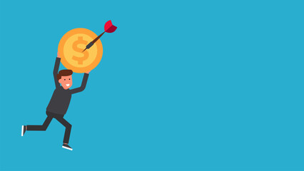 Illustration of a businessman holding a large gold coin that has been hit by an arrow. This visual symbolizes financial success, goal achievement, and investment.