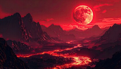 Red moon, fiery landscape