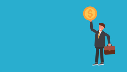 Illustration of a businessman holding a large gold coin and a briefcase. This visual represents business, investment, and finance with a flat design style on a blue background.