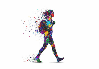 Obraz premium Colorful Abstract Silhouette of a Walking Woman with Backpack.