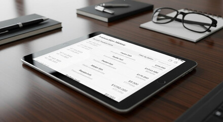 Tablet displaying transaction history on a wooden office desk, close-up