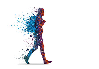 Fototapeta premium Abstract Mosaic Silhouette of a Walking Person with Backpack.