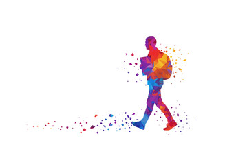 Vibrant polygonal silhouette of a person walking with backpack dissolving into colorful fragments.