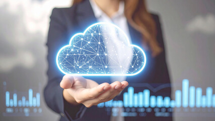 Businessman holding a glowing digital cloud hologram symbolizing cloud computing, data storage, digital security, and modern technology. Perfect for concepts of innovation, IT services, cloud network,