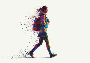 Fototapeta premium Colorful Abstract Student Walking with Backpack and Books.