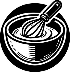 A black and white illustration of a whisk inside a bowl, surrounded by a circular black background
