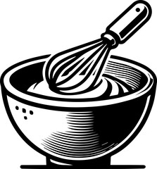 Illustration of a whisk inside a bowl filled with batter ready for baking and cooking preparation use