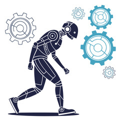 Robot walking with gears and circuits in the background