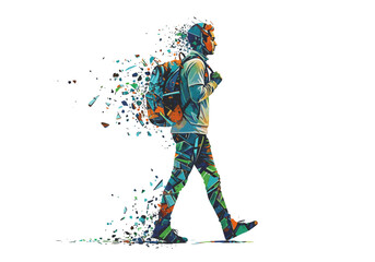 Fototapeta premium Abstract Geometric Walking Figure with Backpack Fragmented Effect.