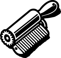 Illustration of a lint roller with a handle and a roller covered in adhesive paper in black and white