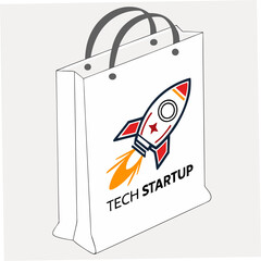 Shopping bag with rocket and tech startup text retail