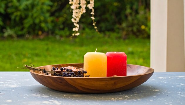 Candles in wooden bowl outdoors