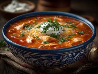 Delicious and hearty chicken tortilla soup is served in a decorative bowl garnished with cream and herbs.