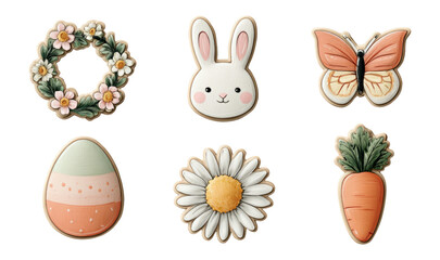 Cute Easter Icons with Bunny, Flower, Egg, Carrot, Wreath, and Butterfly Design