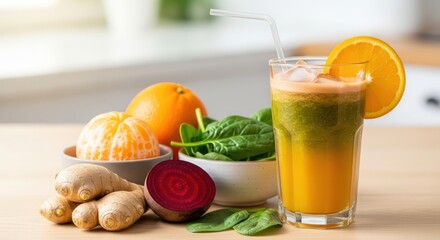 Vibrant layered smoothie with orange slice, ginger, beetroot, and spinach on a wooden table