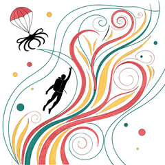 Skydiver with parachute and abstract colorful swirls