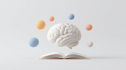 Open book with floating brain and colorful spheres in white space